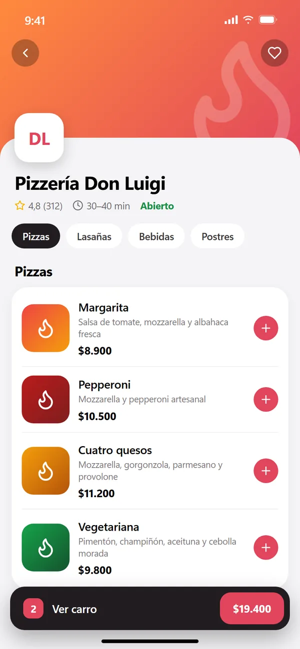 Pantalla de la app de delivery con el menú de una pizzería y el carro de compras