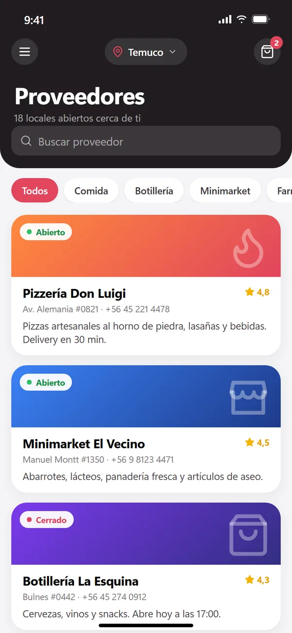 Pantalla de la app de delivery con la lista de proveedores abiertos y filtros por rubro