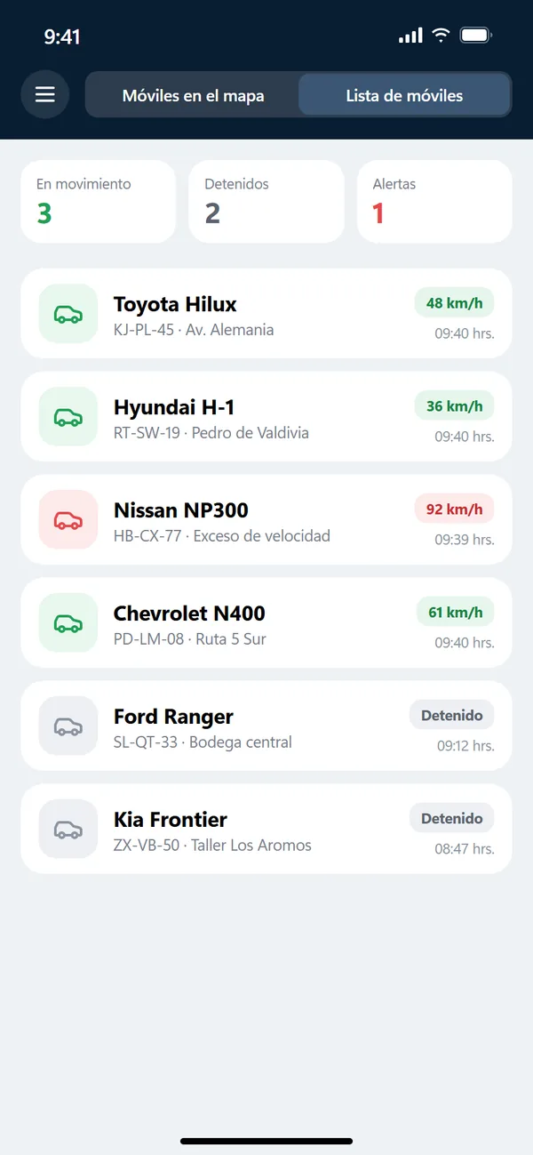 Pantalla de la app de rastreo con la lista de vehículos, su velocidad y alertas
