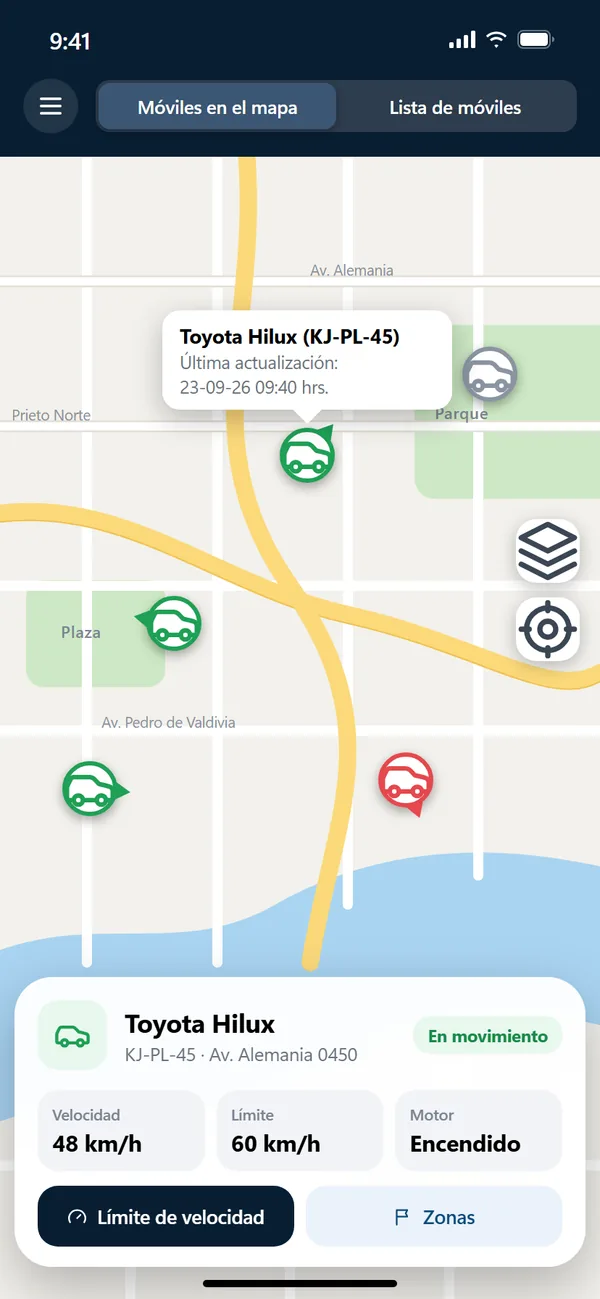 Pantalla de la app de rastreo con los vehículos de la flota sobre un mapa