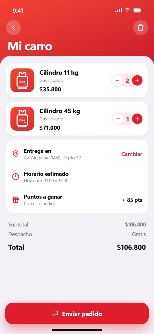 Pantalla del carro de la app de pedidos de gas con dirección de entrega y puntos a ganar