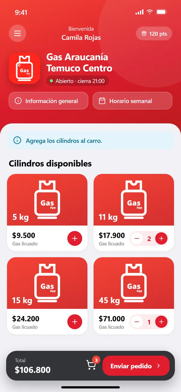 Pantalla de inicio de la app de pedidos de gas con los cilindros disponibles y el total del pedido