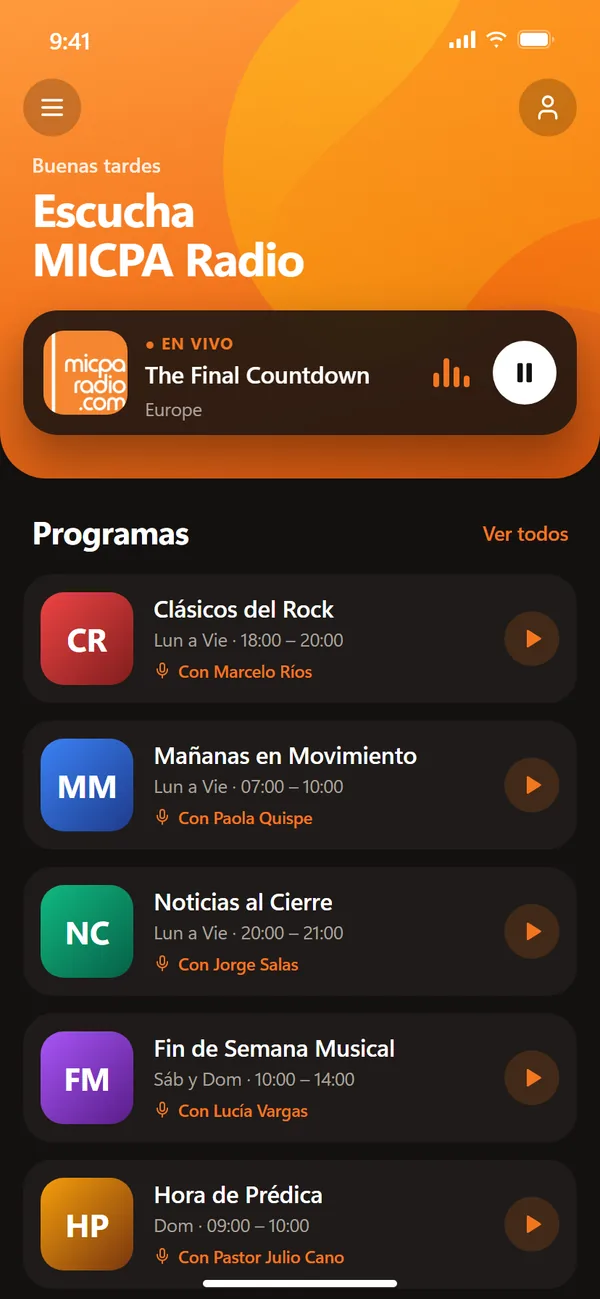 Pantalla de inicio de la app de radio con la transmisión en vivo y la lista de programas