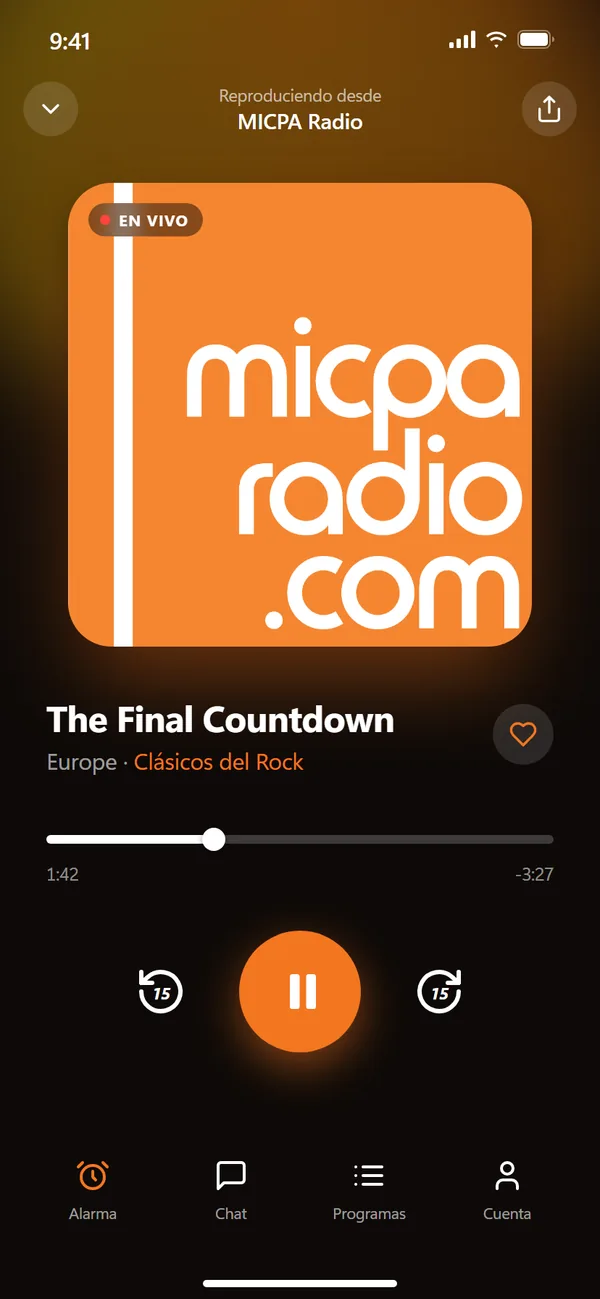 Reproductor de la app de radio con controles de reproducción y barra de progreso