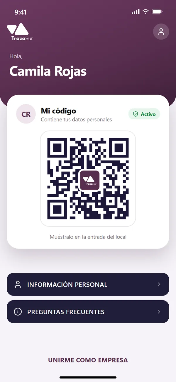Pantalla de la versión para clientes con su código QR personal