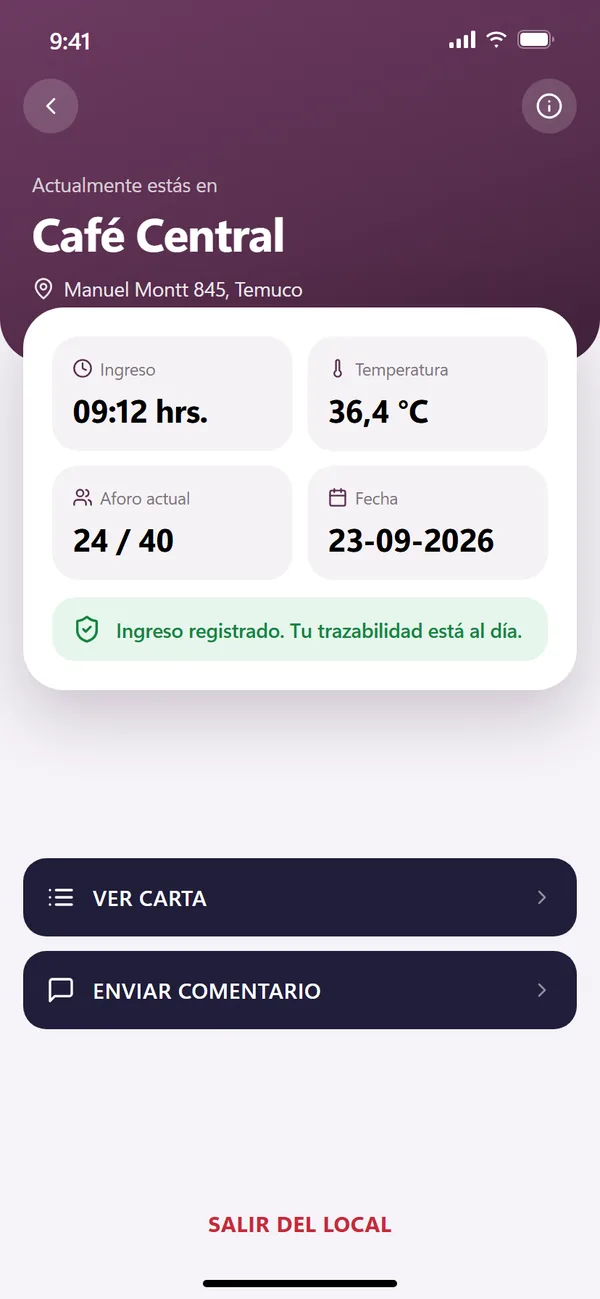Pantalla de la versión para clientes con el registro de ingreso al local y la opción de salir