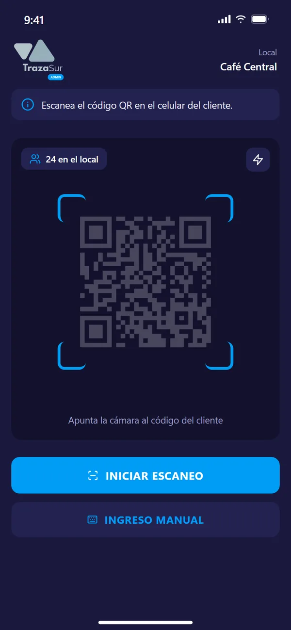 Pantalla del escáner de códigos QR de la versión para locales