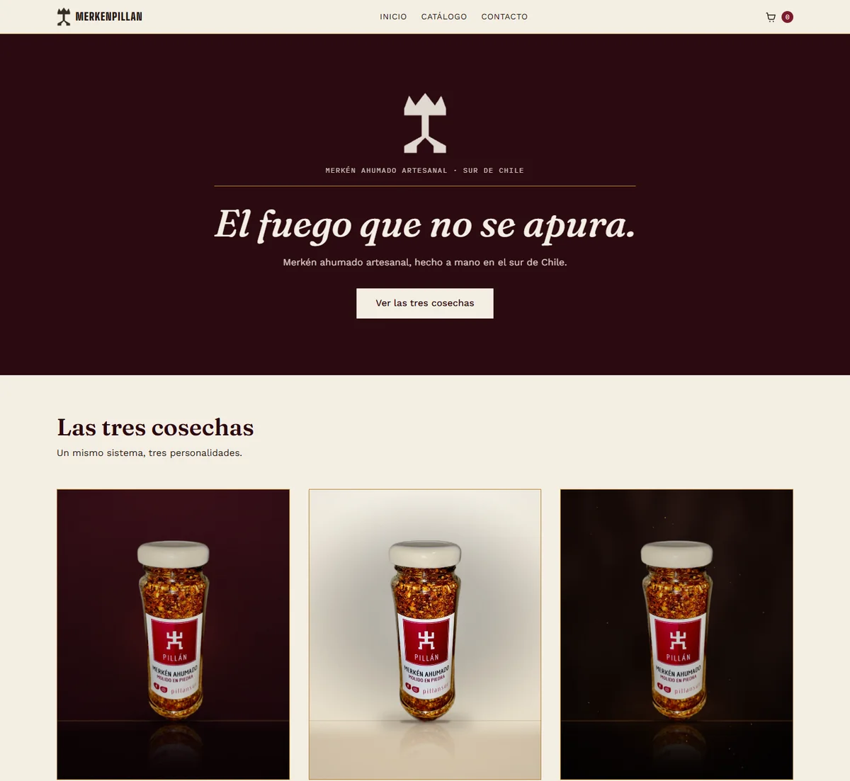 Página de inicio de una tienda online de merkén ahumado artesanal, con su portada y las líneas de producto